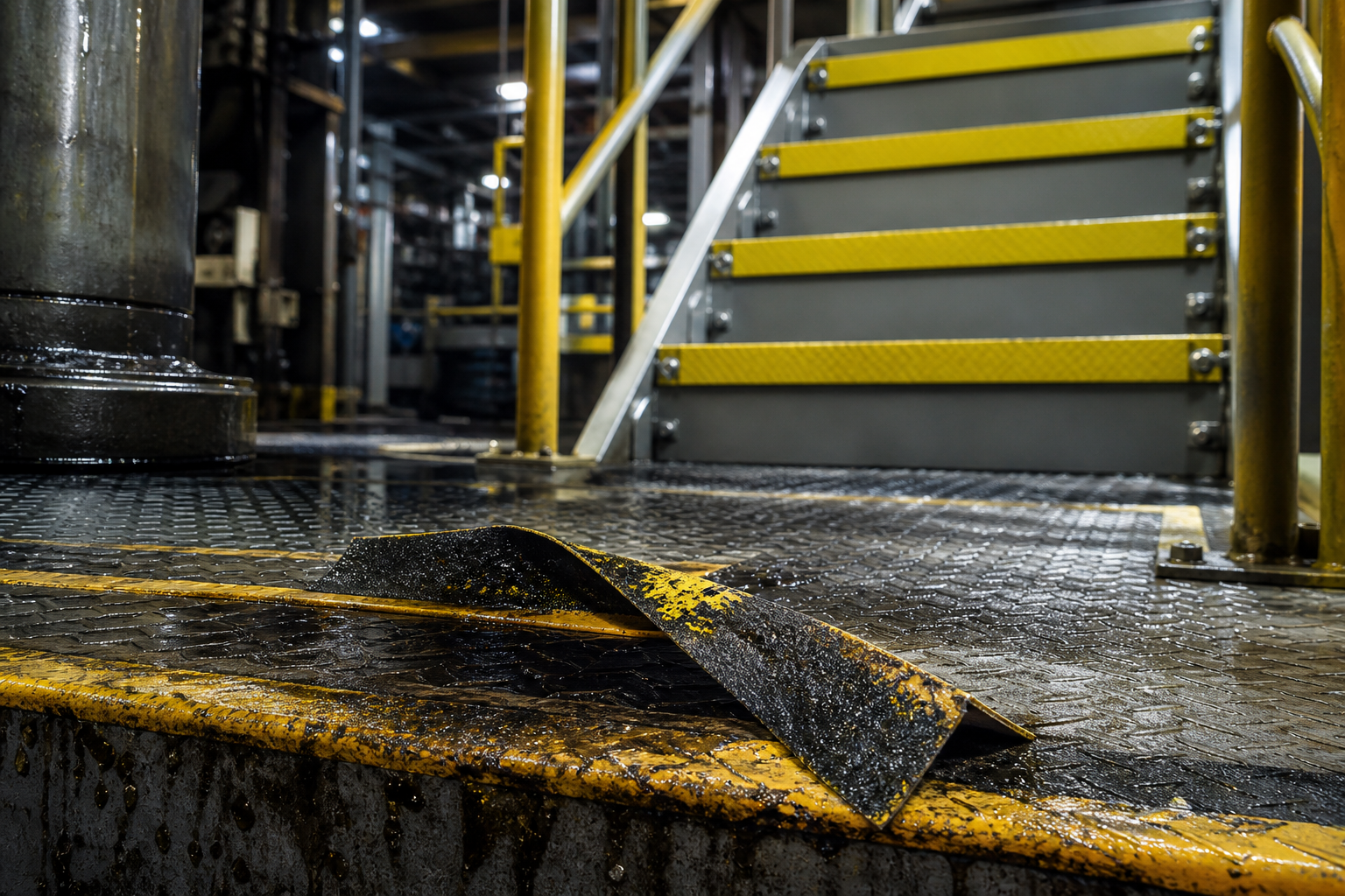 falha de fitas antiderrapantes em piso industrial